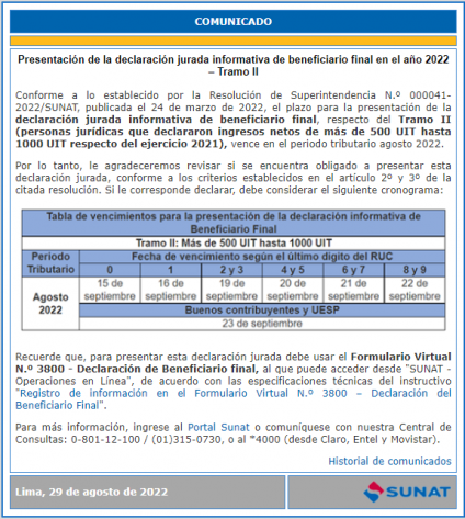 Comunicado Sunat sobre la presentación de la declaración de